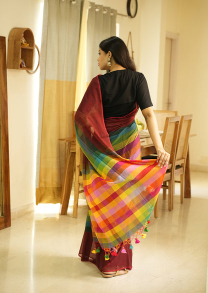 Red Palettes – Maroon Mul Cotton Saree with Striped Checked Pallu
