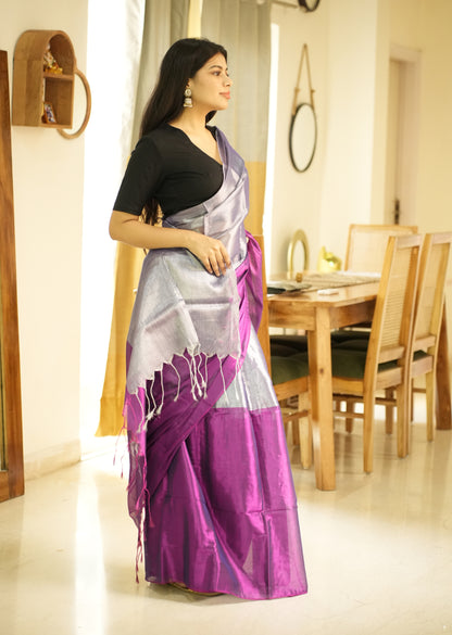 Moonlit Blush – Pink & Silver Glass-Finish Tissue Saree