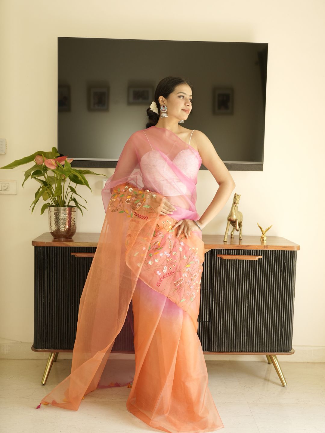 Orange-Pink Ombre Organza Saree With Hand Embroidery