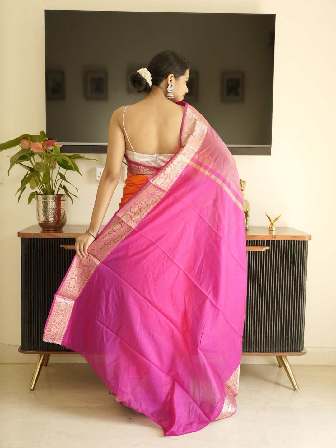 Orange Silk Saree With Pink Pallu