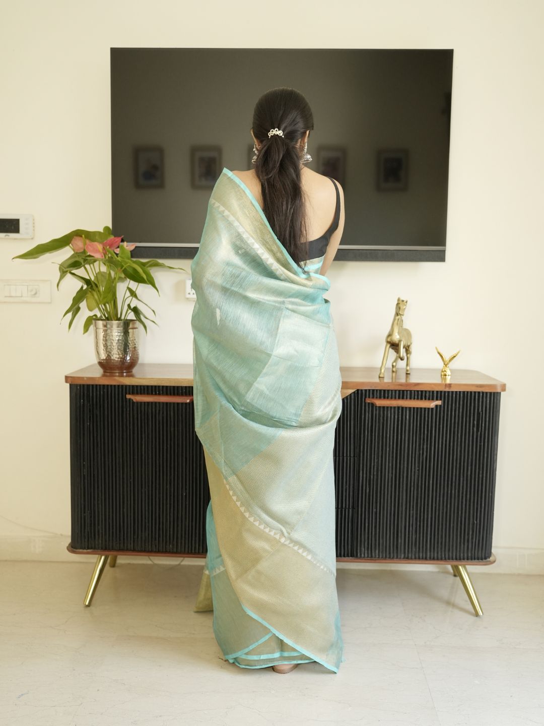 Blue Tissue Linen Saree With Zari Border