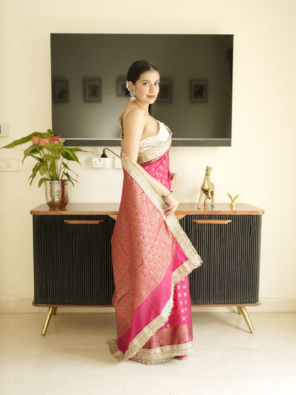 Pink-Gold Banarasi Silk Saree With Lace Border