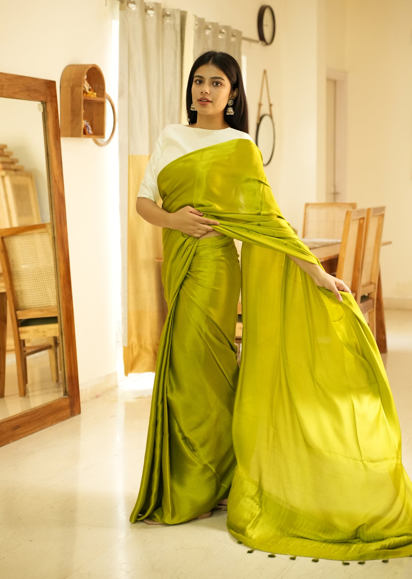 Lime Lustre –  Pure Silk Saree with Gold Zari Border