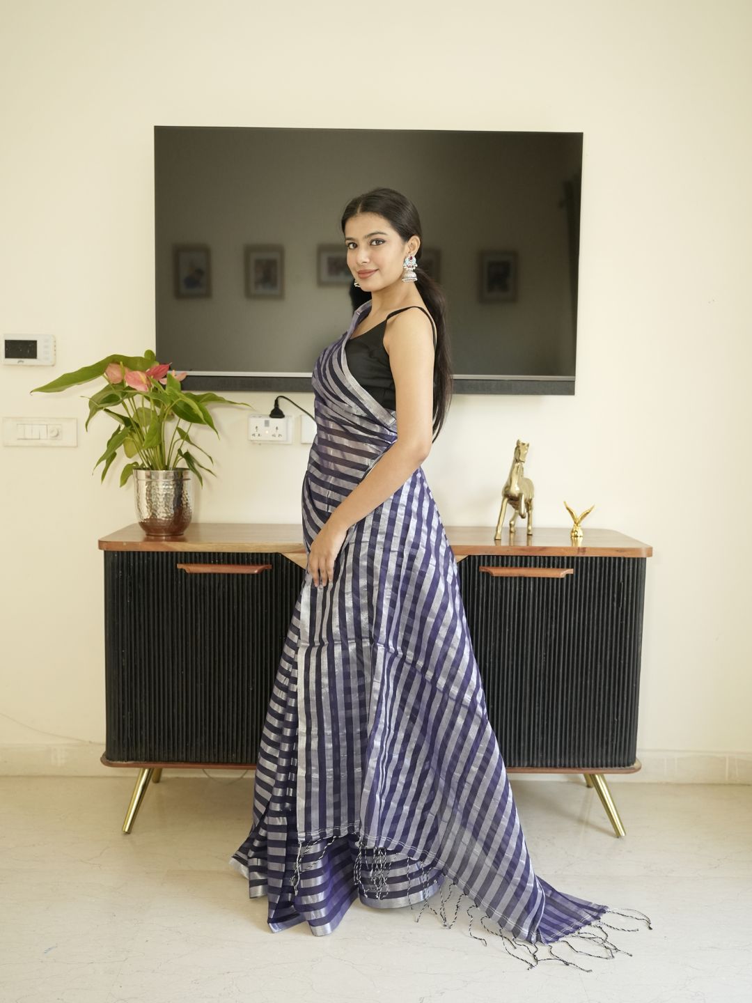Blue Mul Cotton Saree With Zari Sripes