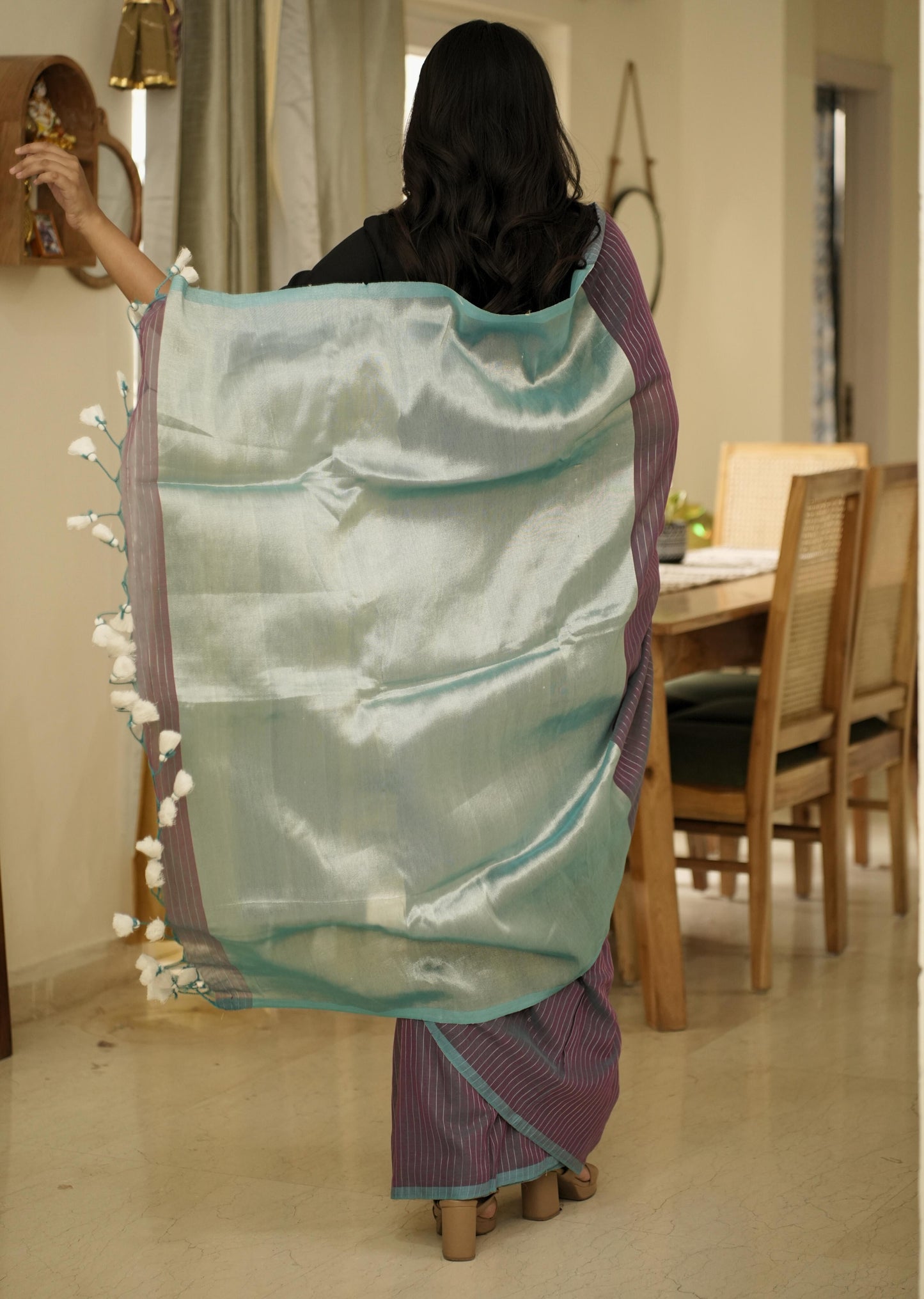 Neelakshi – Handwoven Purple & Teal Striped Mul Cotton Saree with Shimmer Pallu