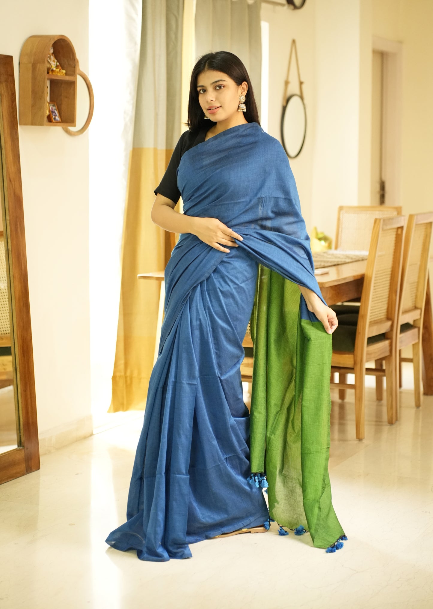 Ocean Melody – Blue & Green Cotton Saree