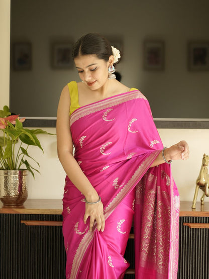 Pink Banarasi Silk Saree With Zari Border