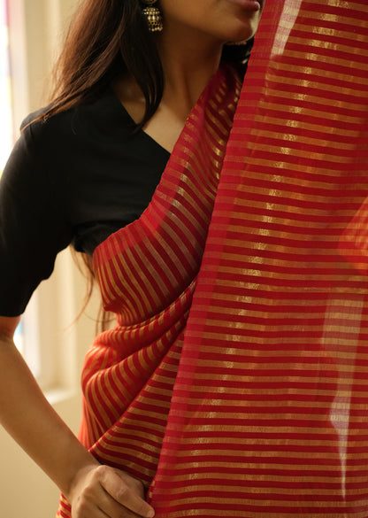 Golden Whisper – Red Mul Cotton Saree with Zari Stripes