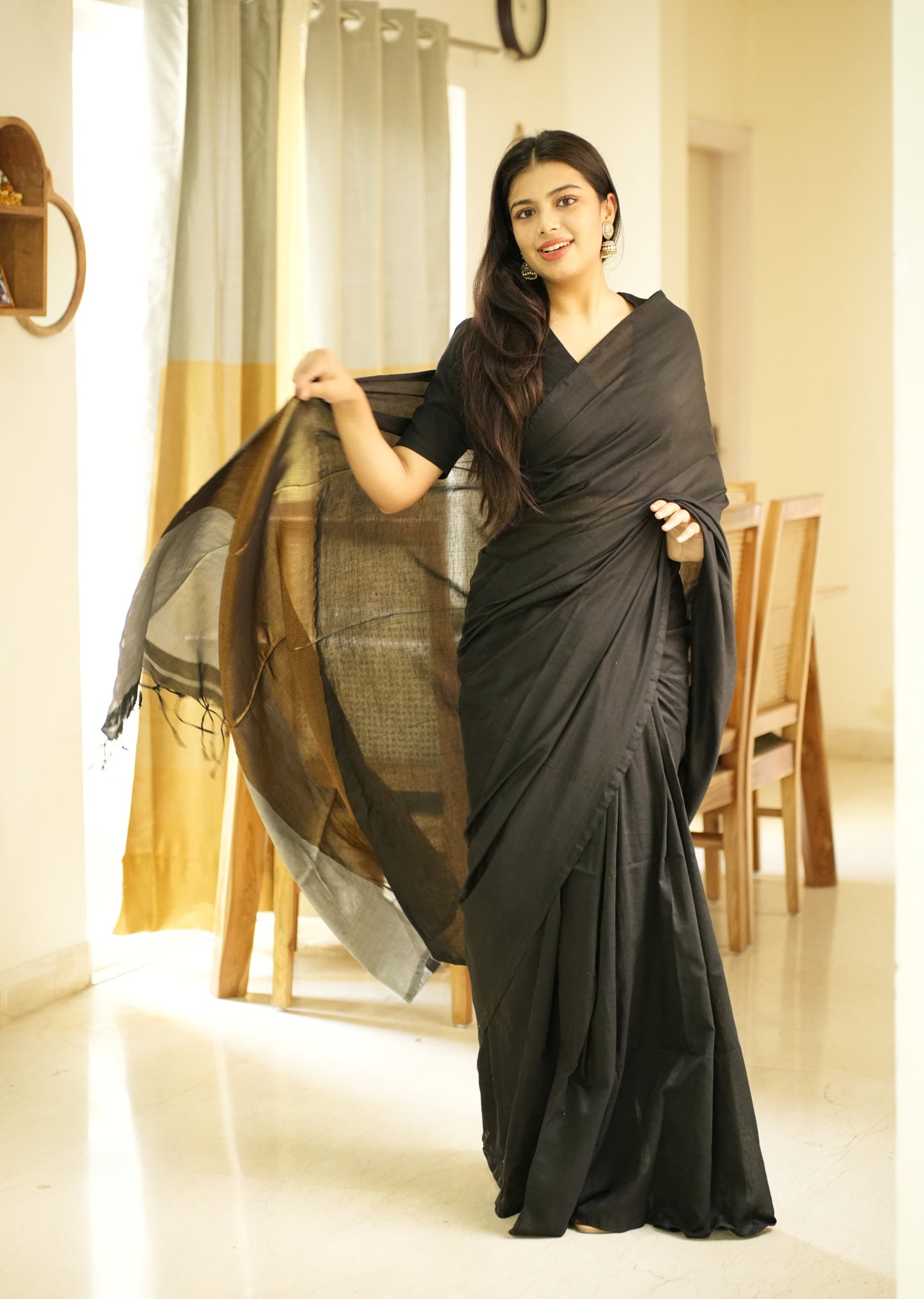 Twilight Tale – Black Cotton Saree with Gold & Silver Zari Pallu