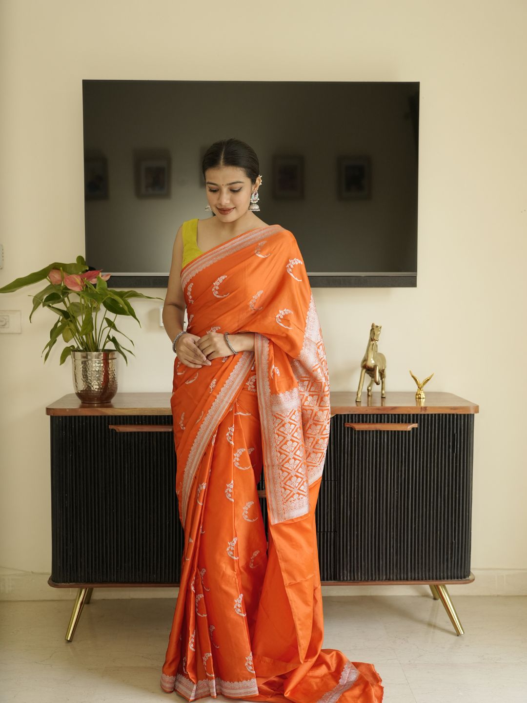 Orange Banarasi Silk Saree With Zari Border