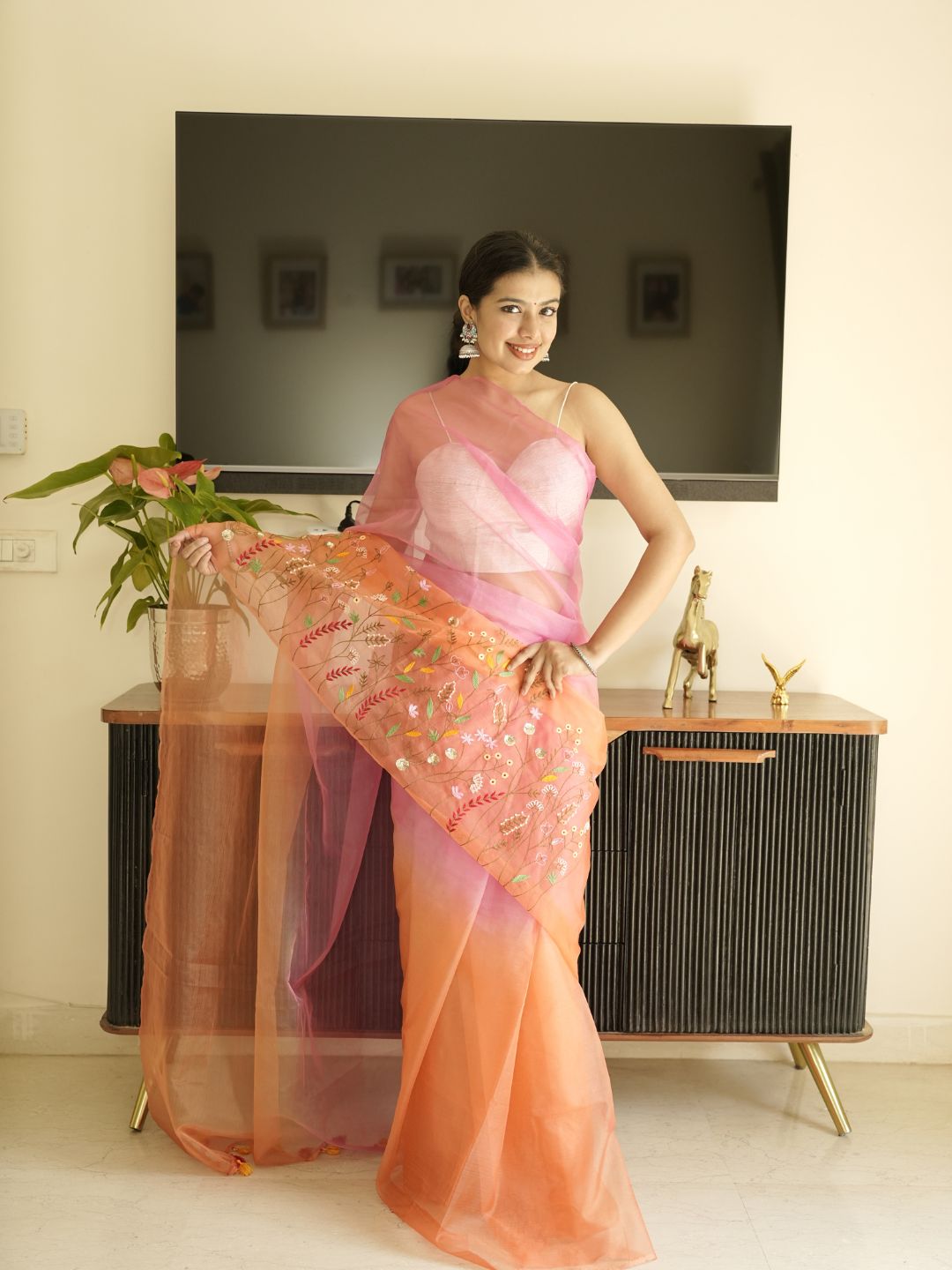 Orange-Pink Ombre Organza Saree With Hand Embroidery