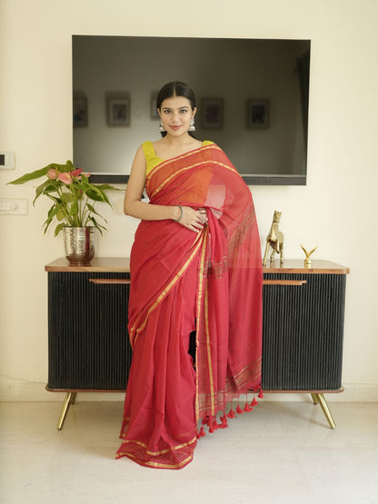 Red Mul Cotton Saree With Zari Sripes