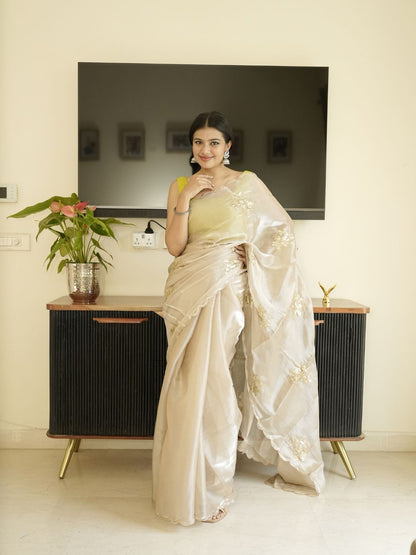 Ivory Organza Saree With Hand Zardoshi Work