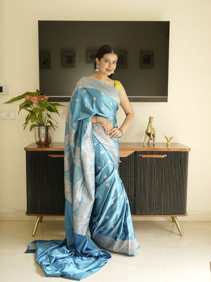 Blue Banarasi Silk Saree With Zari Border