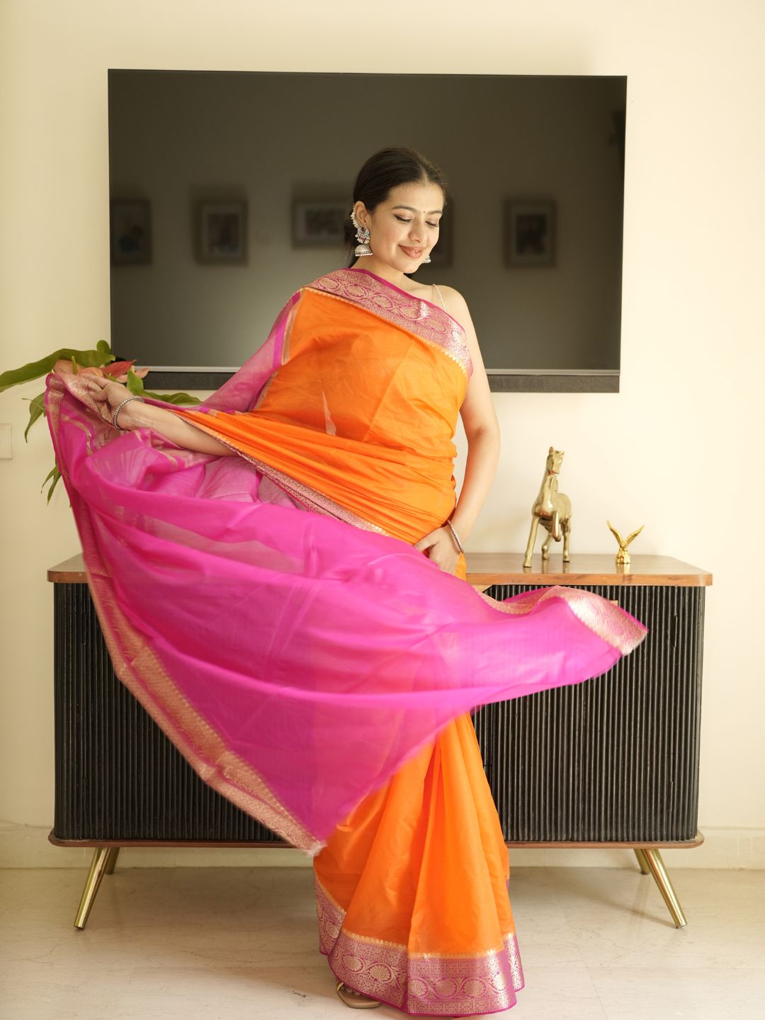 Orange Silk Saree With Pink Pallu