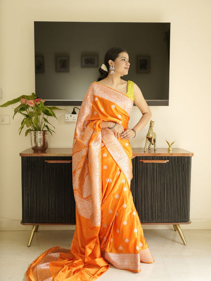Orange Banarasi Silk Saree With Zari Border