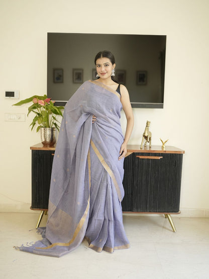 Lavender Linen Silk Saree With Zari Border
