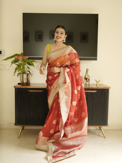 Red Banarasi Saree With Zari Border