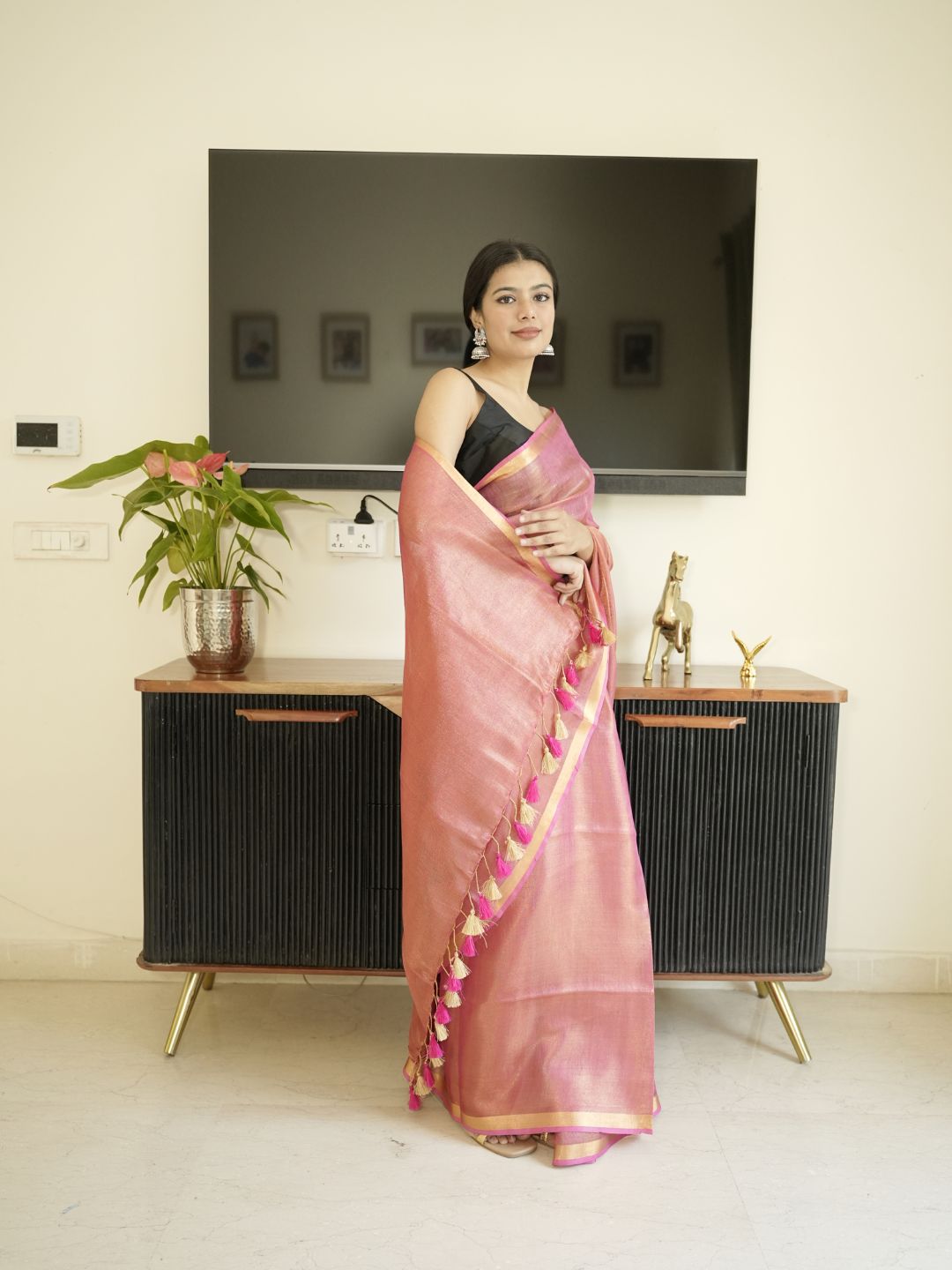 Orange Tissue Linen Saree With Zari Border