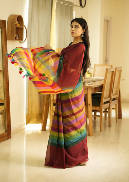 Red Palettes – Maroon Mul Cotton Saree with Striped Checked Pallu