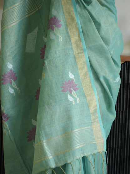 Green Linen Silk Saree With Zari Border