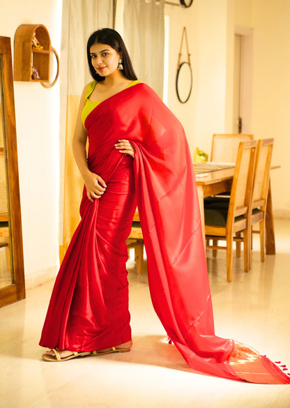 Crimson Glow – Red Silk Saree with Gold Zari Border
