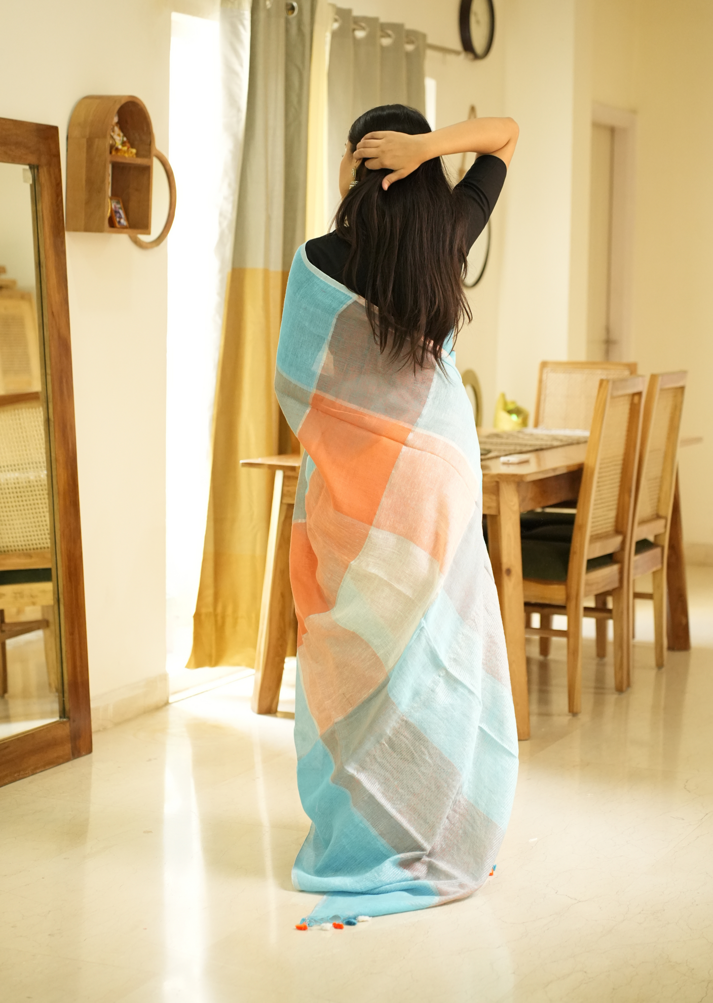 Vibrant Checks: Turquoise & Orange Linen Saree