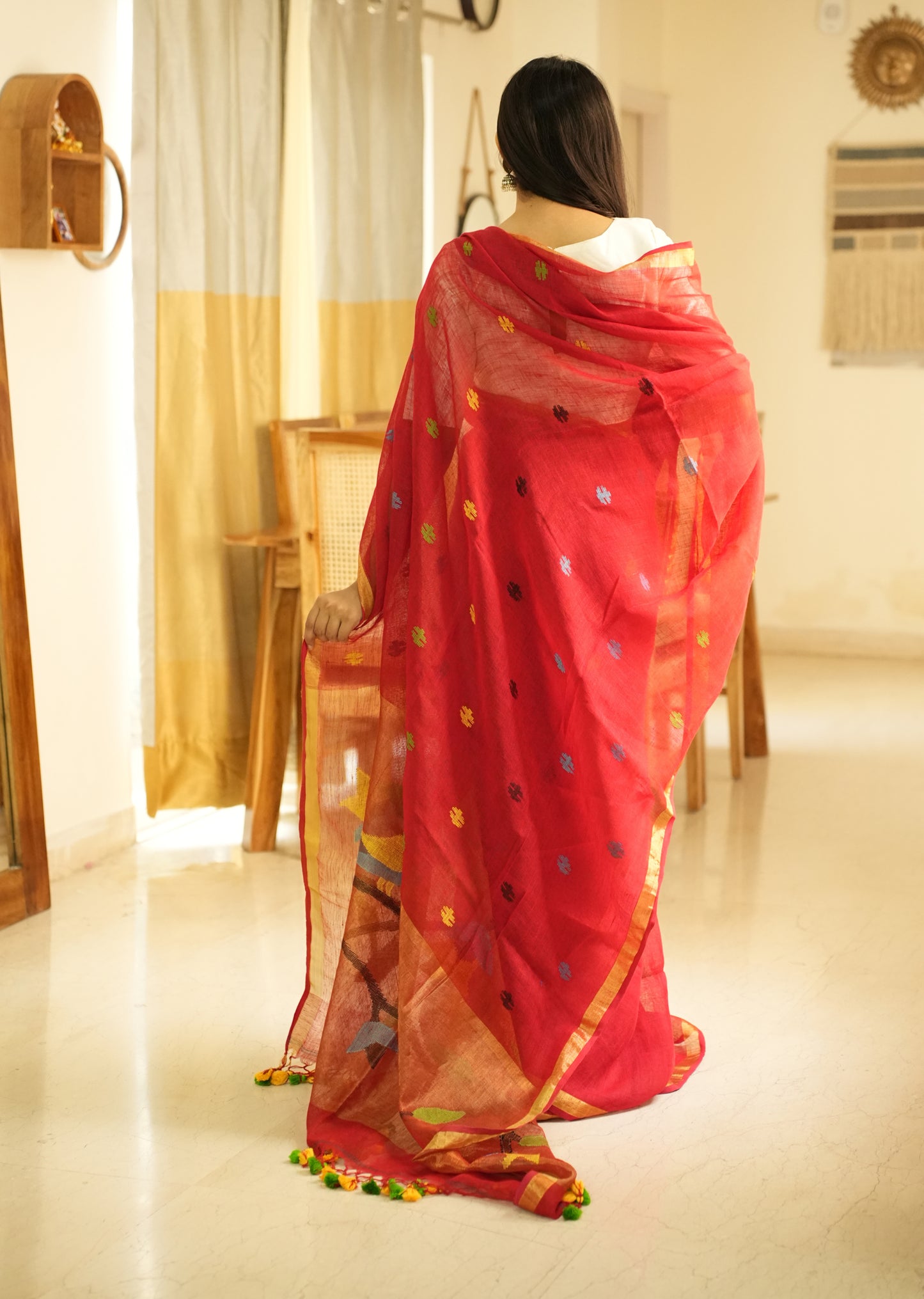 Paithani Blossom – Handpainted Red Linen Saree