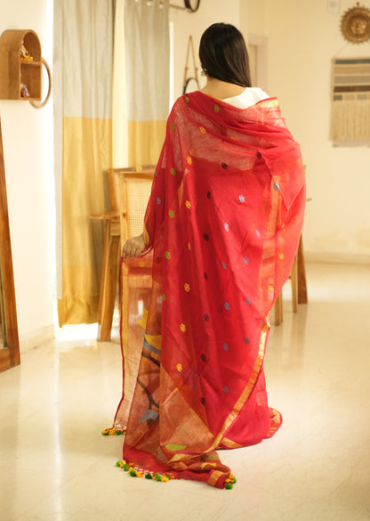 Paithani Blossom – Handpainted Red Linen Saree