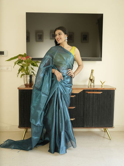 Blue Glass Tissue Silk Saree