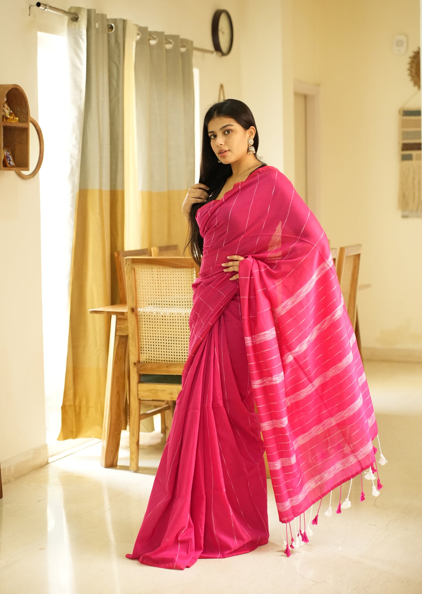 Blush Lines – Pink & White Striped Cotton Saree