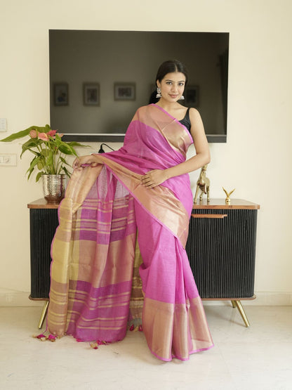 Pink Tissue Linen Saree With Zari Border