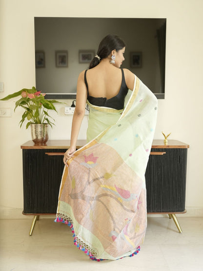 Green Paithani Linen Saree With Hand Embroidery