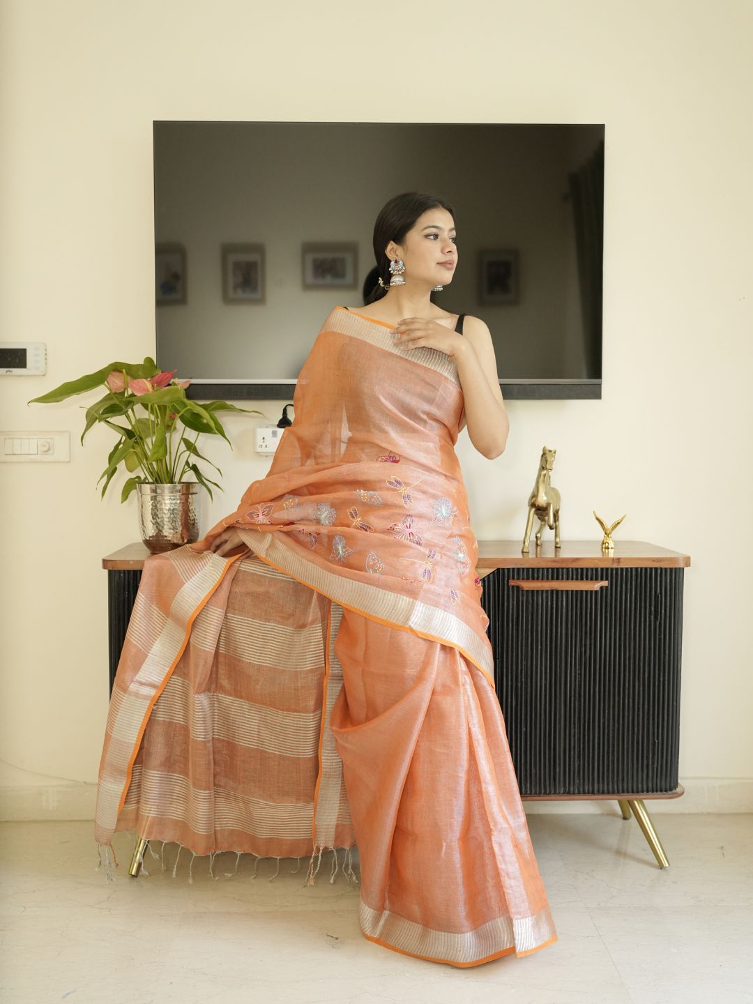Orange Tissue Linen Saree With Hand Embroidery