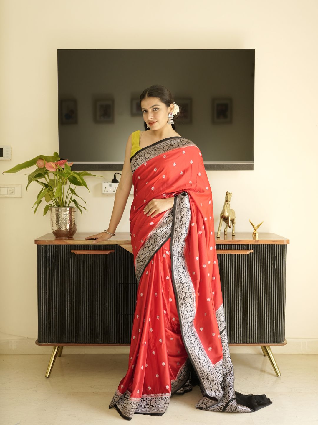 Red Banarasi Silk Saree With Black Border