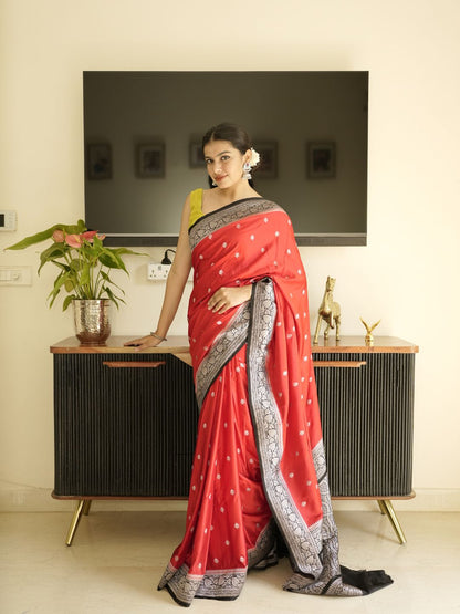 Red Banarasi Silk Saree With Black Border