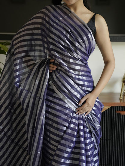 Blue Mul Cotton Saree With Zari Sripes
