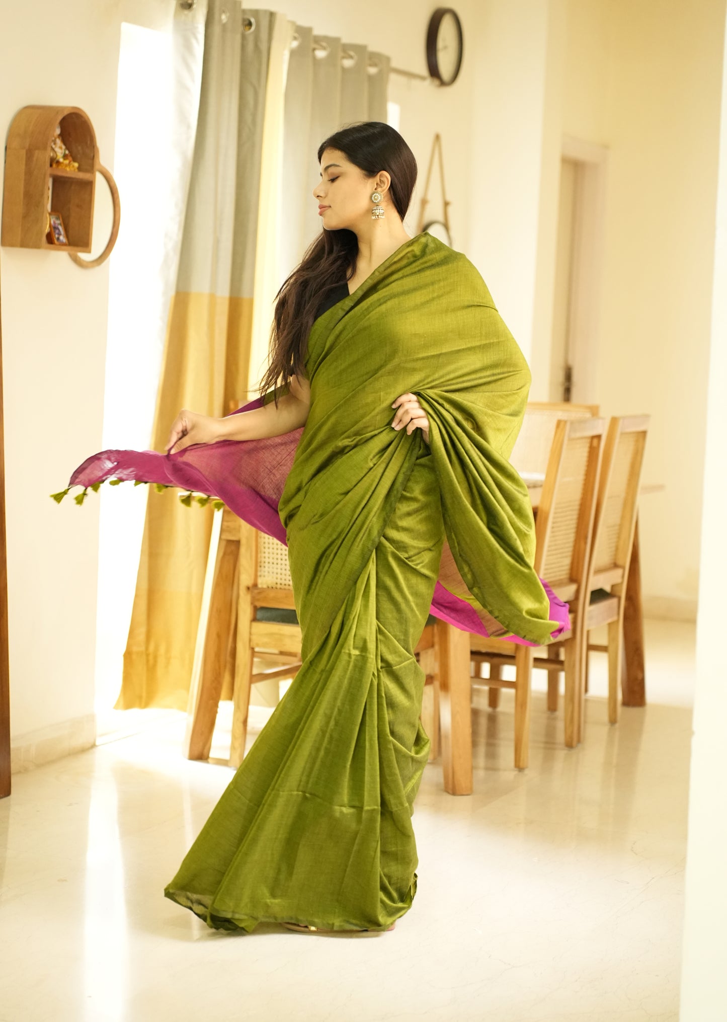 Spring Song – Green & Pink Cotton Saree