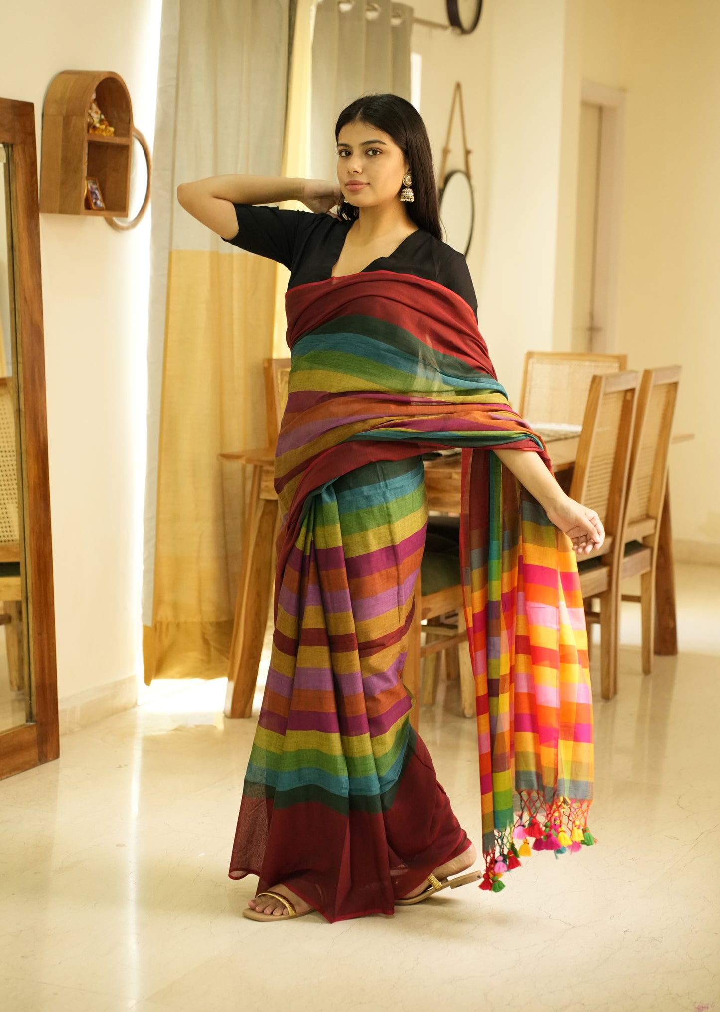 Red Palettes – Maroon Mul Cotton Saree with Striped Checked Pallu