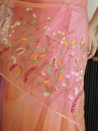 Orange-Pink Ombre Organza Saree With Hand Embroidery