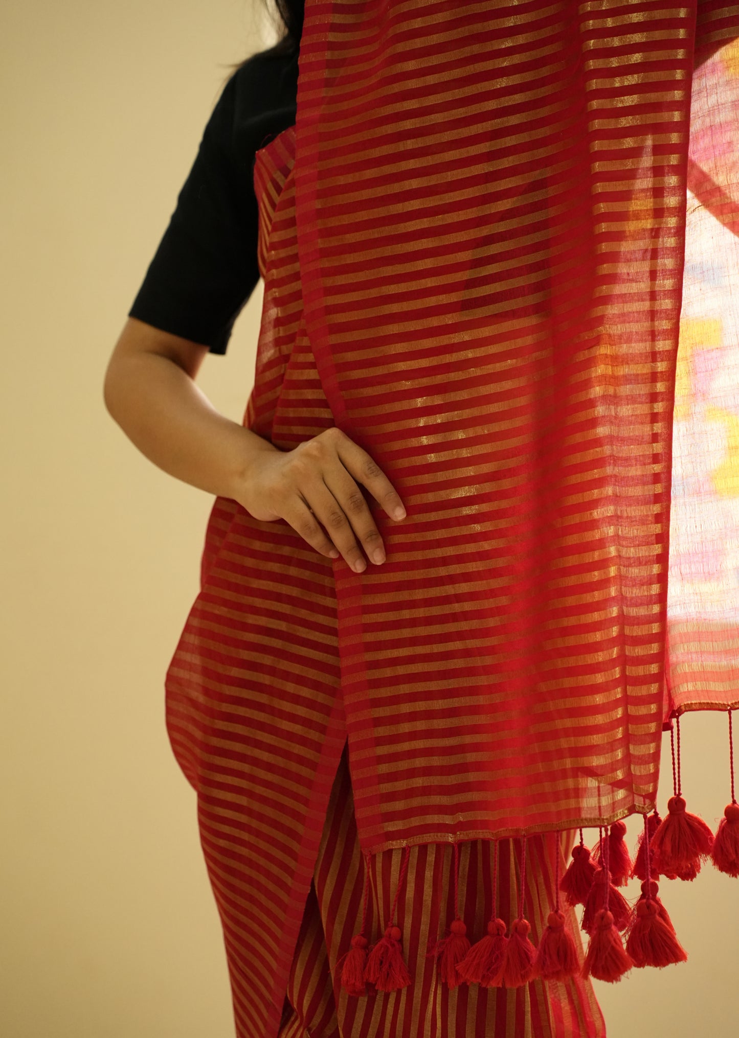 Golden Whisper – Red Mul Cotton Saree with Zari Stripes