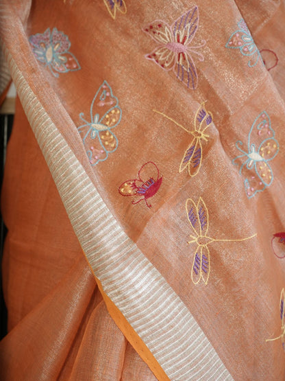 Orange Tissue Linen Saree With Hand Embroidery