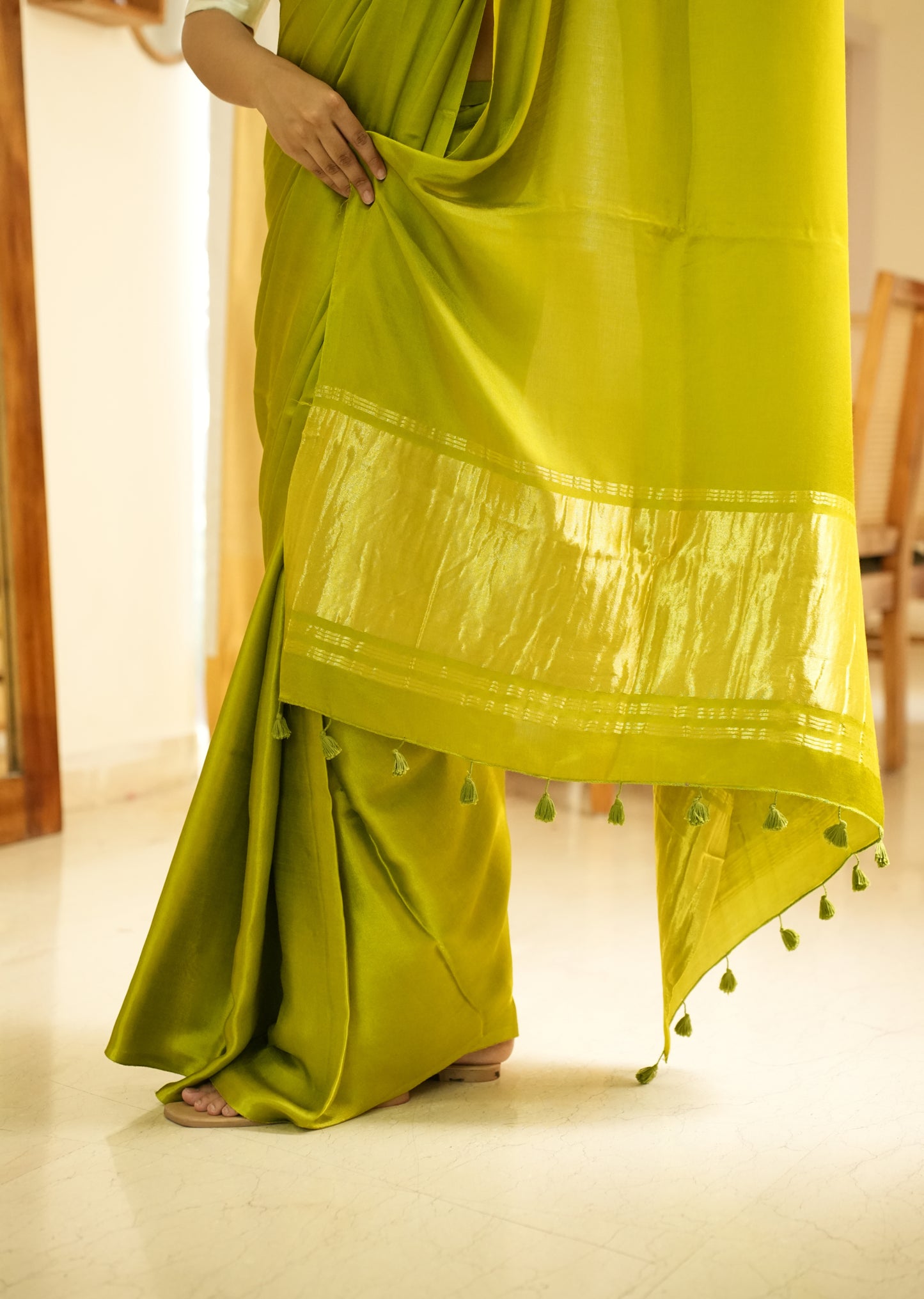 Lime Lustre –  Pure Silk Saree with Gold Zari Border