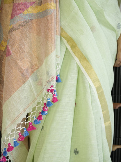 Green Paithani Linen Saree With Hand Embroidery