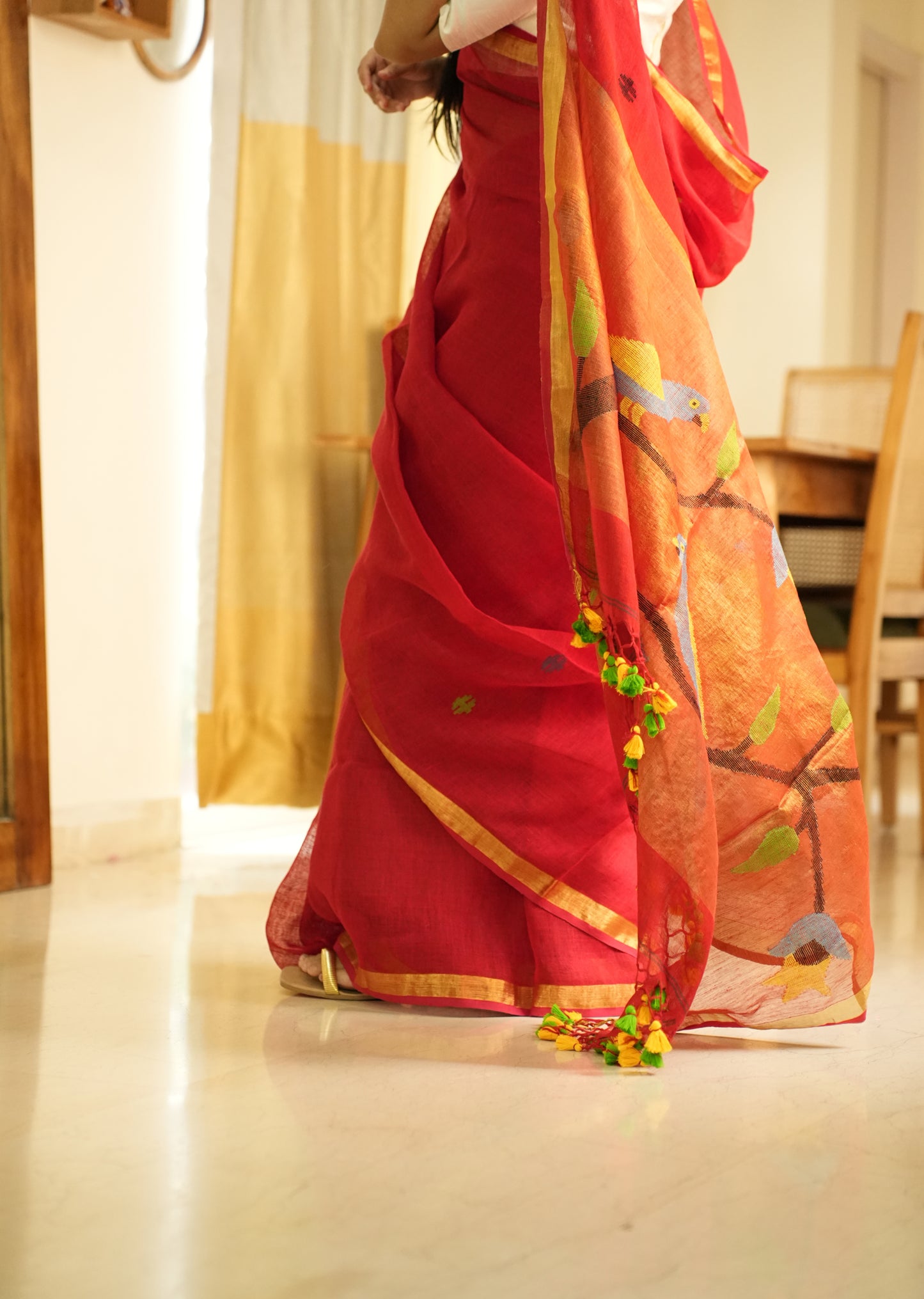 Paithani Blossom – Handpainted Red Linen Saree