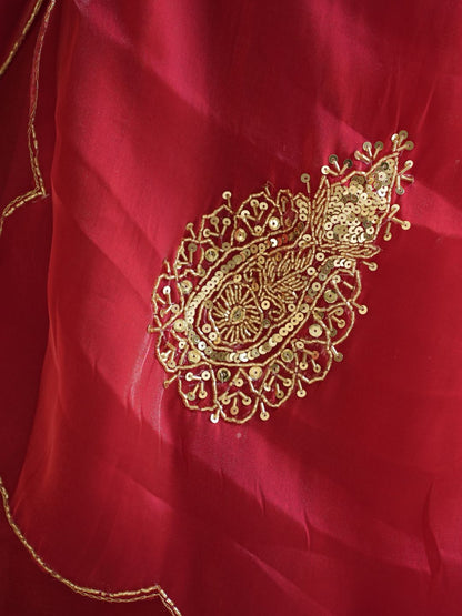 Red Organza Saree With Hand Zardoshi Work