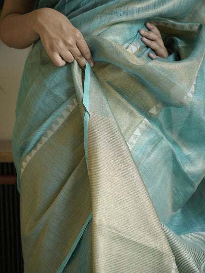Blue Tissue Linen Saree With Zari Border