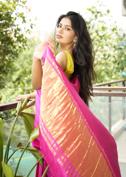 Rani Radiance – Pink Silk Saree with Gold Zari Border