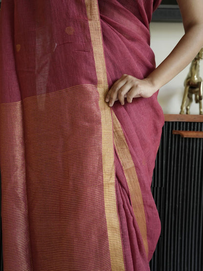 Red Linen Silk Saree With Zari Border