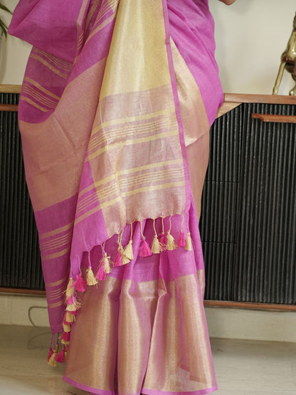 Pink Tissue Linen Saree With Zari Border